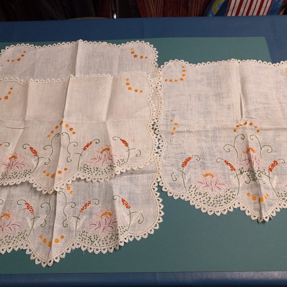 Vintage 3 Embroidered Doily/Place Mats, Floral Lacey Edge Delicate Cottagecore